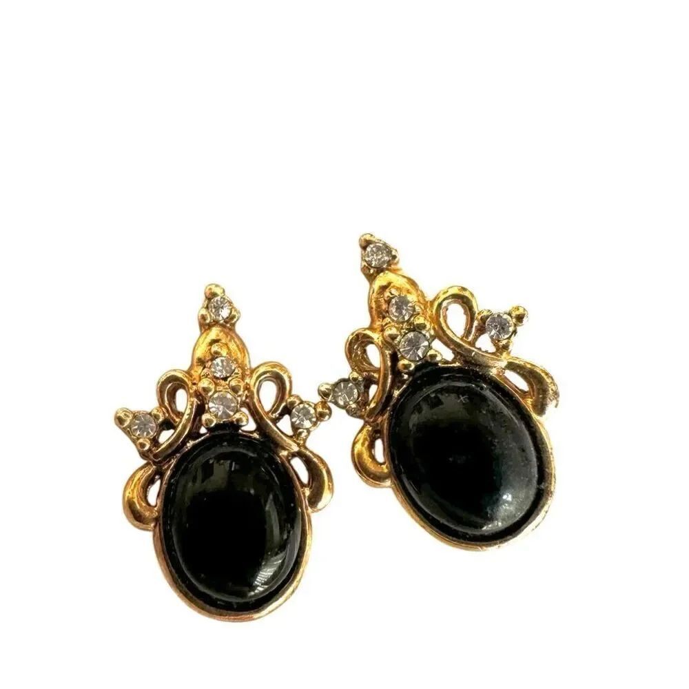 Black gold tone rhinestone post earrings